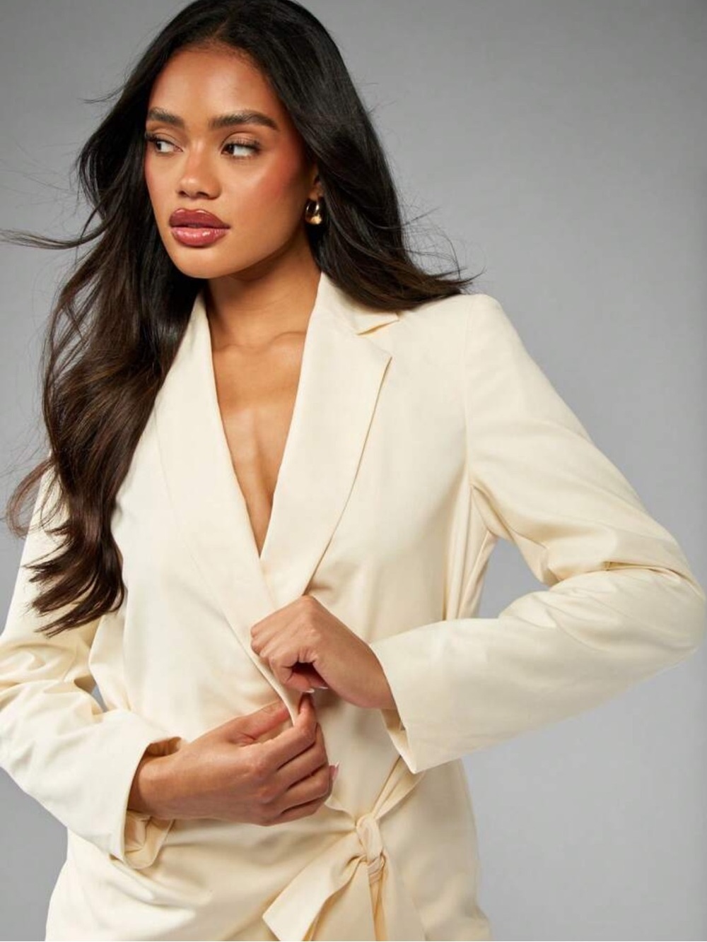 Cream Wrap Blazer Jacket with Tie Waist - Picture 5 of 6